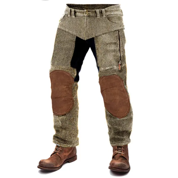Men's Herringbone Straight Pants Outdoor Vintage Suede Knee Splicing Zippered Pocket Trousers - Cotosen.com