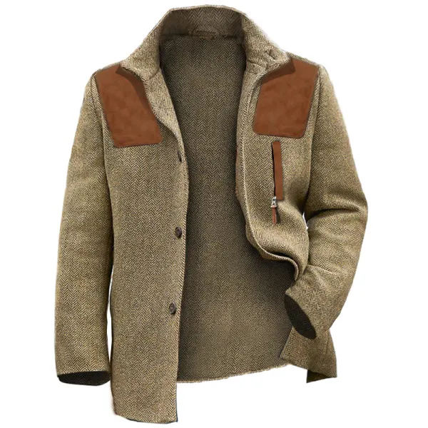 Men's Herringbone Blazer Suede Stitching Retro Business Casual Coat ...
