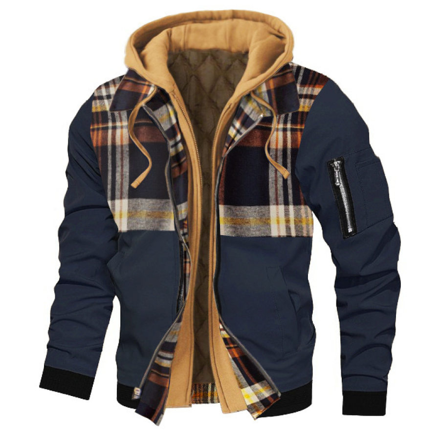 

Men's Outdoor Retro Plaid Stitching Hooded Cargo Jacket Casual Daily Quilted Coats