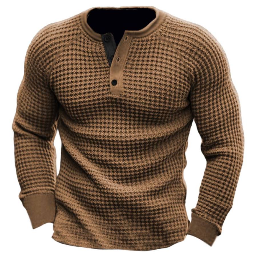 

Sweat-shirt Pour Hommes Waffle Henley à Manches Longues Couleur Unie Pull De Vacances De Rue