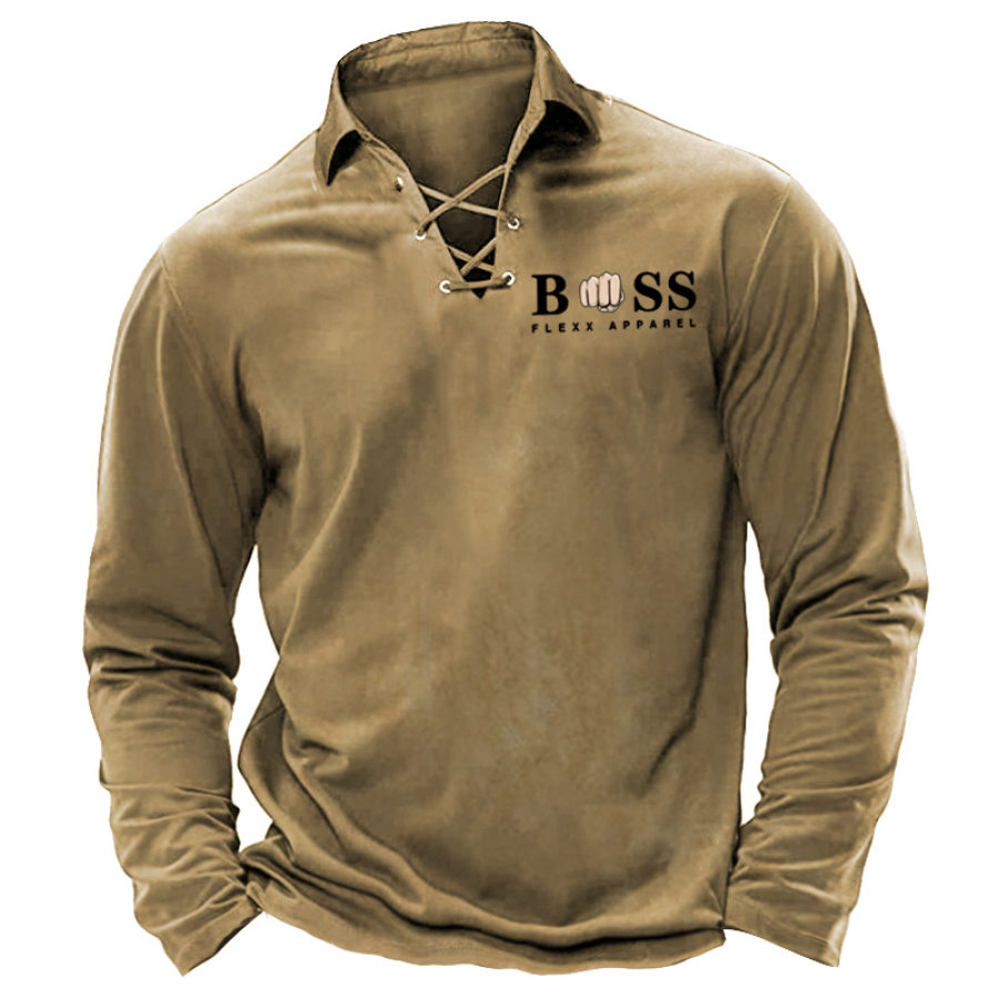 

Herren T-Shirt Revers Boss Bedruckter Langarm Vintage Alltagspullover