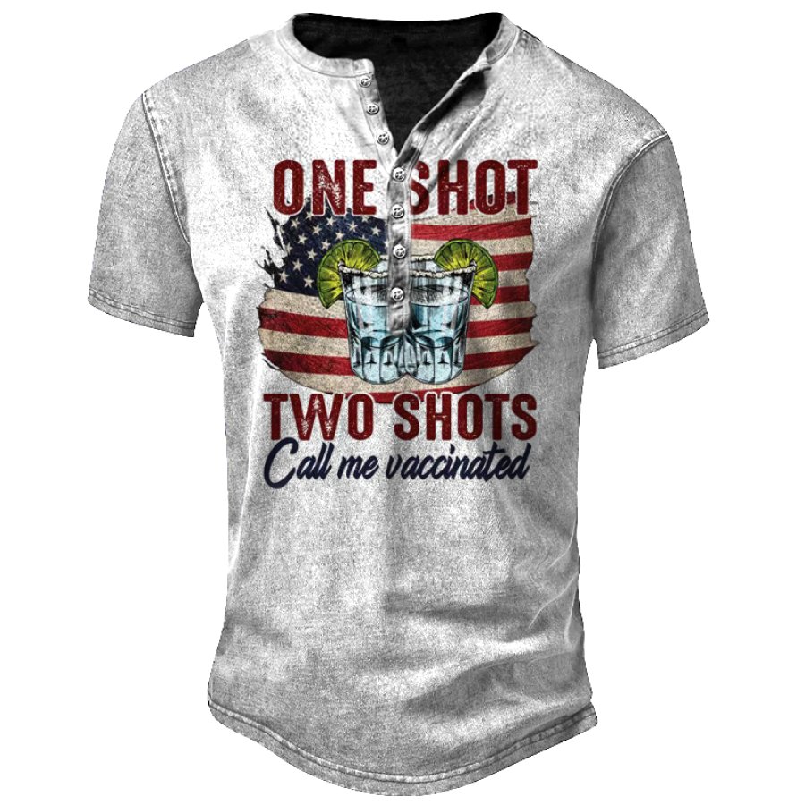 

One Shot Two Shots Booster Men's Cocktail Print Hawaiian Vacation Henley Neck Short Sleeve T-Shirt