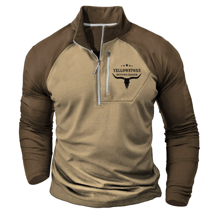 

T-Shirt Homme Imprimé Yellowstone Demi-Zip Col Montant Poches Manches Longues Bloc De Couleur Extérieur Quotidien Hauts