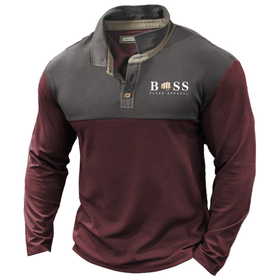 

Мужская футболка Polo Boss Print С длинным рукавом Винтаж Открытый с цветными блоками Повседневные топы