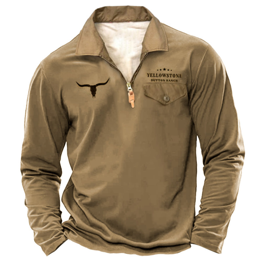 

Herren-T-Shirt 1/4-Revers Yellowstone-Aufdruck Lange Ärmel Vintage-Tasche Alltagspullover