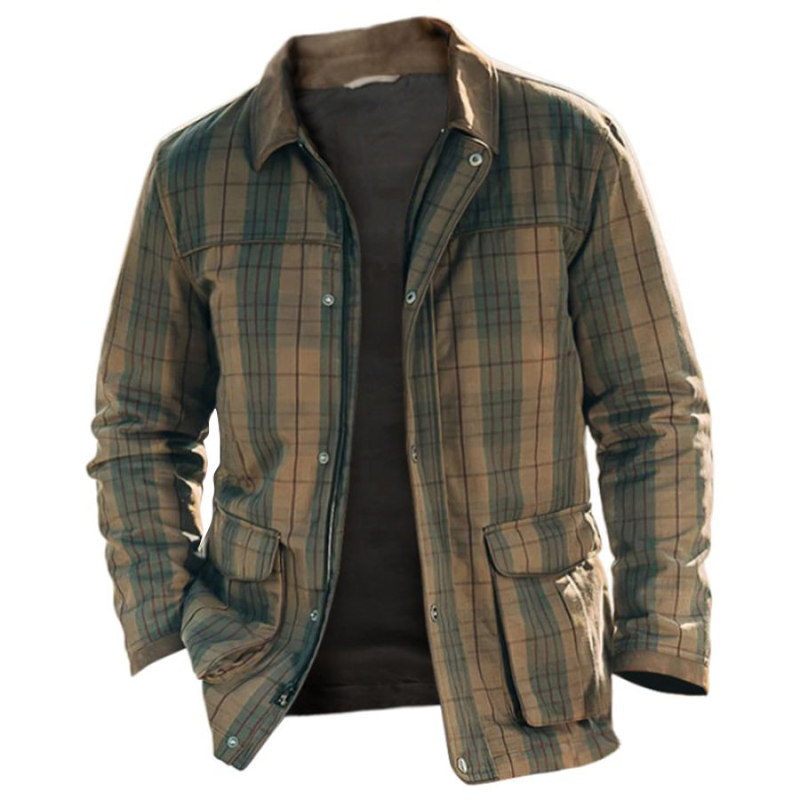 

Мужская куртка Explorer в винтажную клетку из хлопка с карманами и лацканами для улицы
