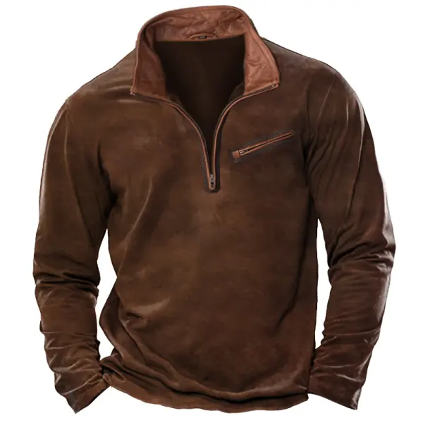 Men's T-Shirt 1/4 Zip Leather Lapel Long Sleeve Vintage Pocket Everyday Pullover - Kalesafe.com 