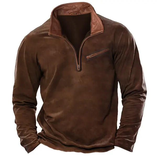 Men's T-Shirt 1/4 Zip Leather Lapel Long Sleeve Vintage Pocket Everyday Pullover - Cotosen.com Men's T-Shirt 1/4 Zip Leather Lapel Long Sleeve Vintage Pocket Everyday Pullover - Cotosen.com