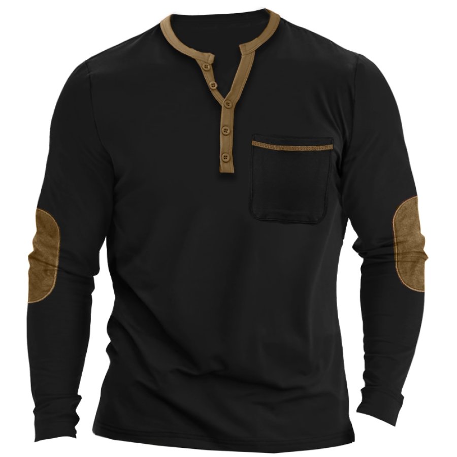 

Men's Colorblock Elbow Patch Henley Collar Long Sleeve T-Shirt