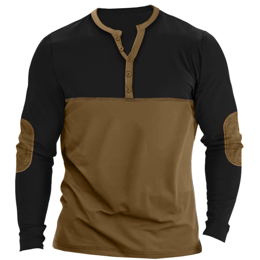 

Herren-Langarm-T-Shirt Mit Henley-Kragen Und Ellenbogen-Patch In Colorblock-Optik