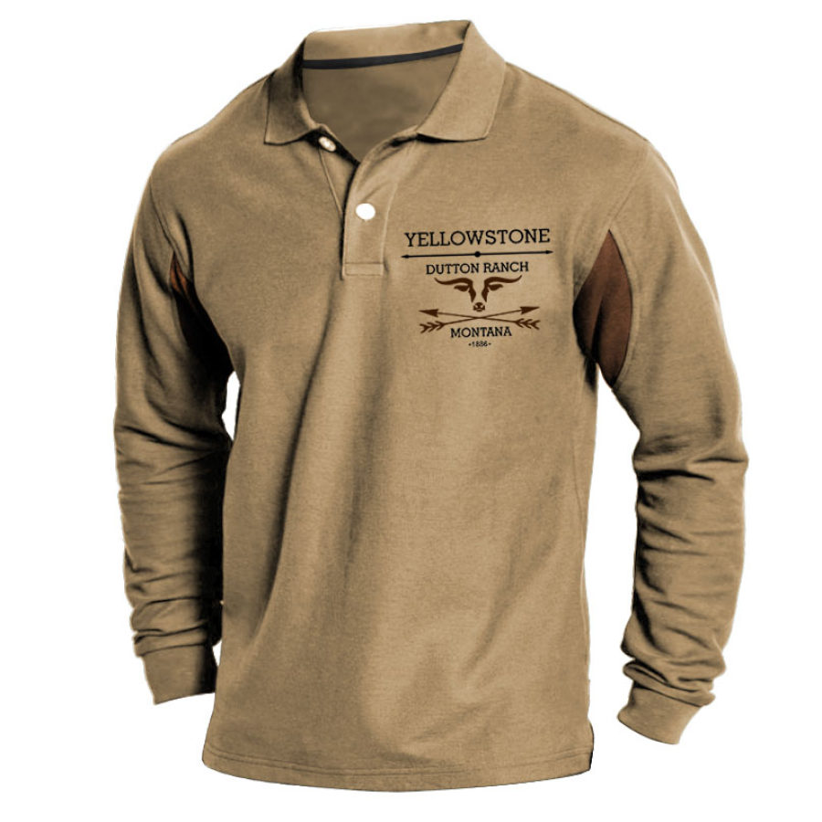 

Herren T-Shirt Polo Yellowstone Print Langarm Vintage Farbblock Outdoor Alltag Tops