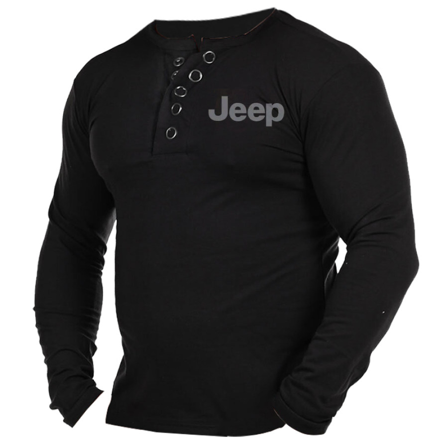 

T-shirt Vintage à Manches Longues Pour Hommes Jeep Snap Henley Couleur Unie Décontracté Quotidien