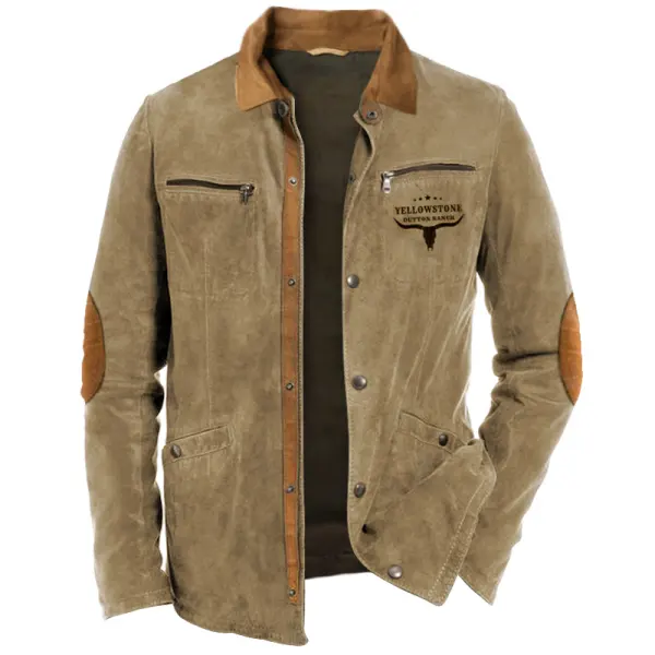 Men's Retro Yellowstone Workwear Zipper Pocket Elbow Patch Shirt Jacket Outdoor Mid-Length Casual Lapel Outerwear - Cotosen.com 
