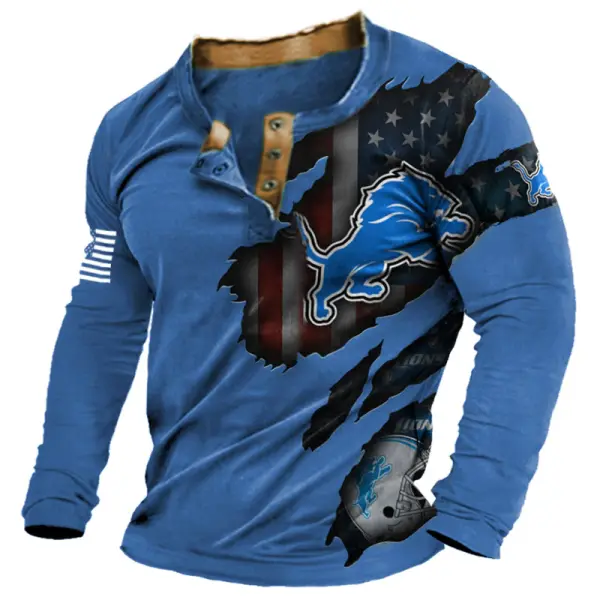 Men's Detroit Lions NFL Printed Super Bowl Color Block Henley T-Shirt - Cotosen.com