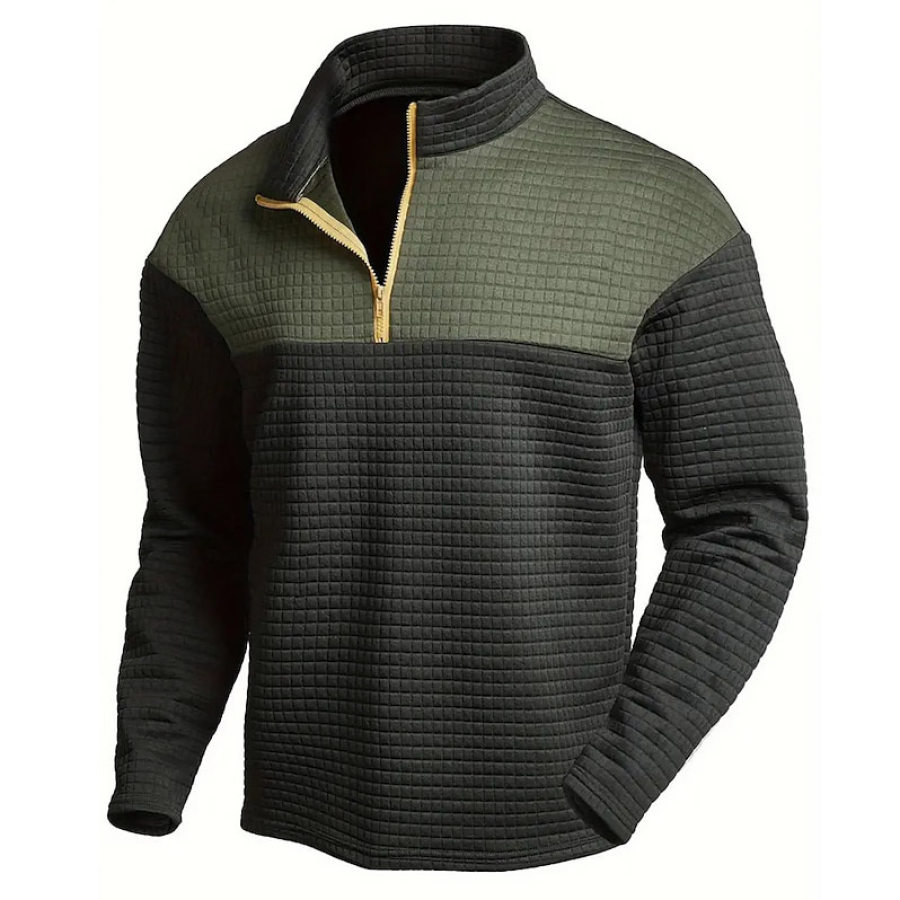 

Men's Sweatshirt Vintage Waffle Jacquard Plaid Quarter-Zip Color Block Long Sleeve Stand Collar Daily Tops