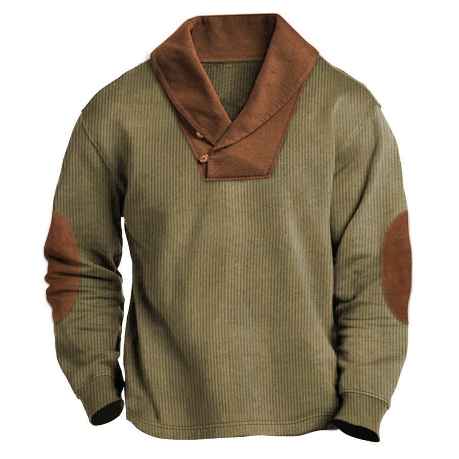 

Sweat-shirt Vintage En Velours Côtelé Pour Hommes Col Châle Couleur Contrastée Patch Sur Les Coudes Hauts Quotidiens
