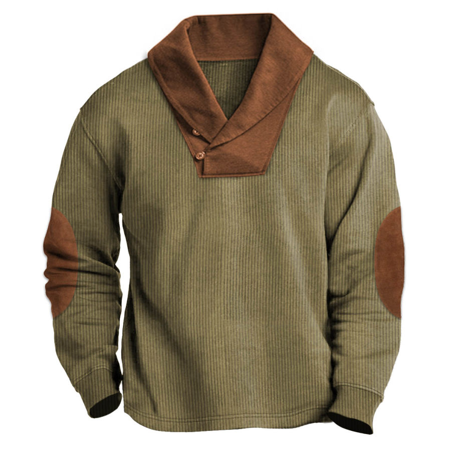 

Sudadera Para Hombre Vintage Pana Cuello Chal Contraste Color Codo Parche Tops Diarios