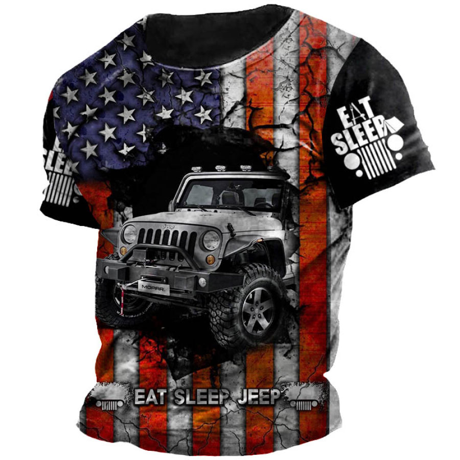 

T-shirt à Manches Courtes Décontracté à Manches Courtes Pour Hommes Eat Sleep Jeep Imprimé Drapeau Américain En Plein Air