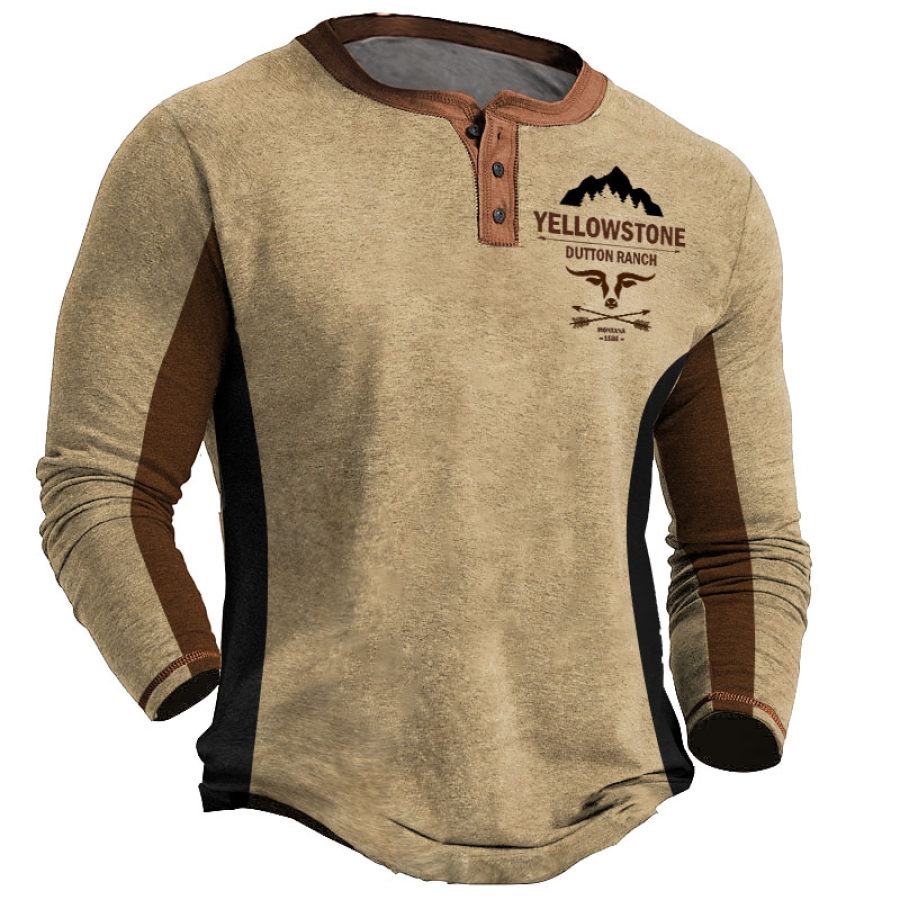

Herren T-Shirt Henley Yellowstone Print Langarm Vintage Outdoor Kontrastfarbe Alltagsoberteile