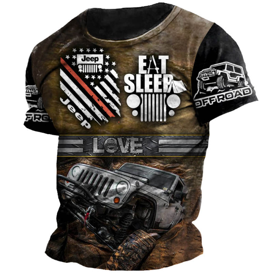 

T-shirt Décontracté à Manches Courtes Pour Hommes Eat Sleep Jeep Imprimé En Plein Air Quotidien