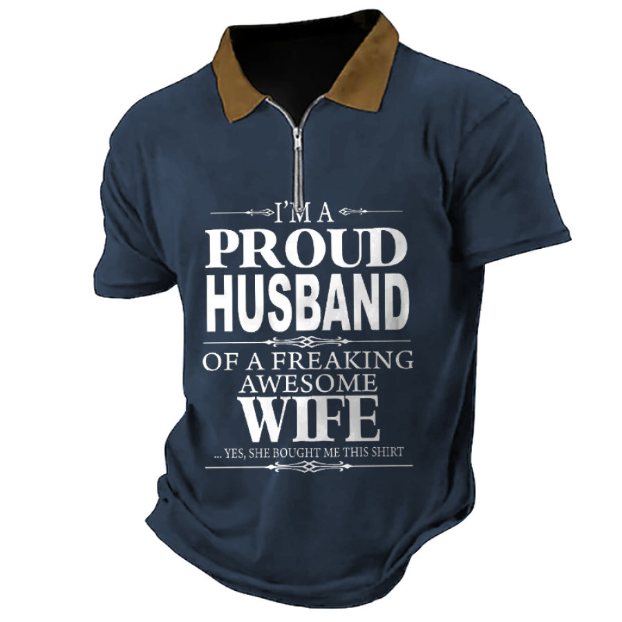 

Men's T-Shirt Polo Zipper Proud Husband Awesome Wife Vintage Outdoor Short Sleeve Summer Daily Tops