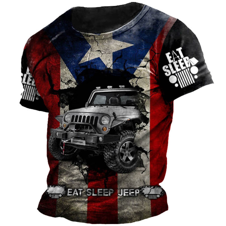 

Camiseta De Manga Corta Informal Diaria Con Estampado De Bandera De Puerto Rico Eat Sleep Jeep Para Hombre