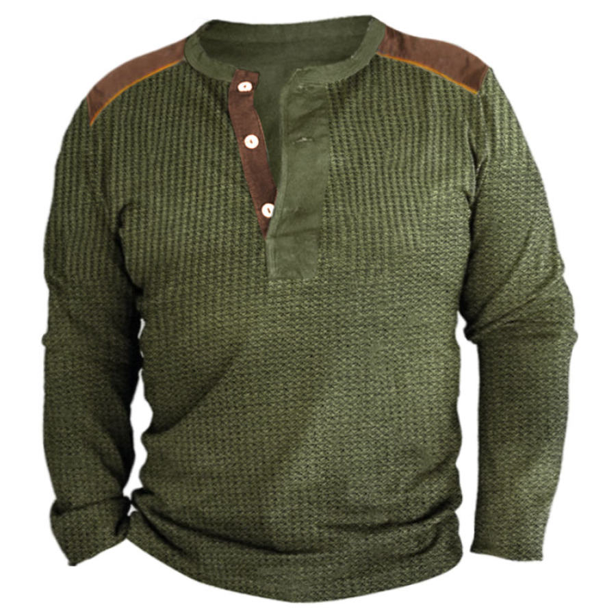 

Camiseta Vintage Waffle Henley De Manga Larga Con Bloques De Color Para Hombre