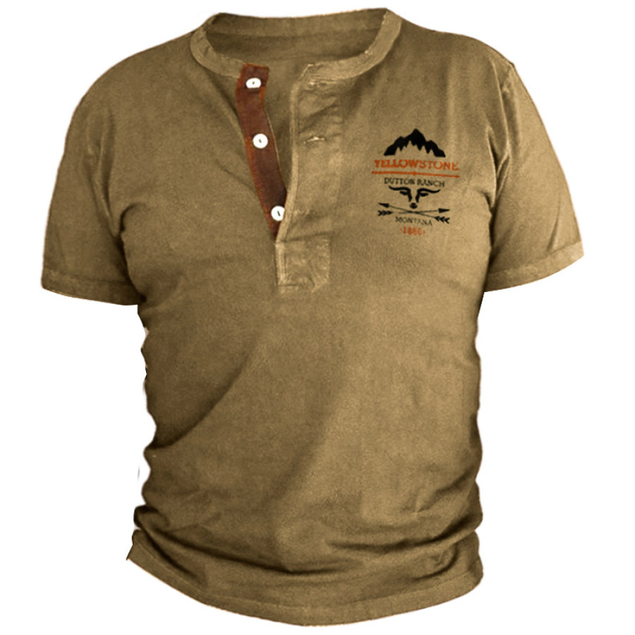 

Men's Retro Yellowstone T-Shirt Henley Short Sleeve Colorblock