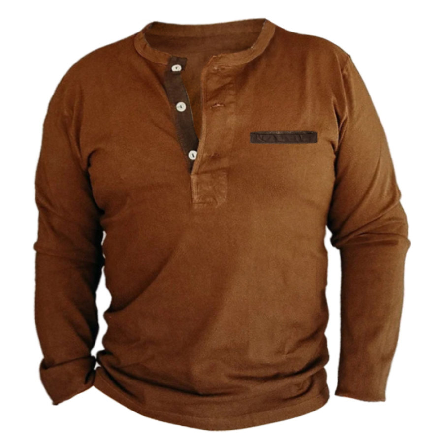

Herren-T-Shirt Aus Kontrastierender Baumwolle Mit Henley-Kragen Im Vintage-Stil In Braun