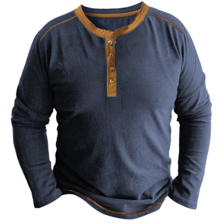 

Camiseta Henley Vintage Para Hombre Jersey Informal De Manga Larga Con Bloques De Color