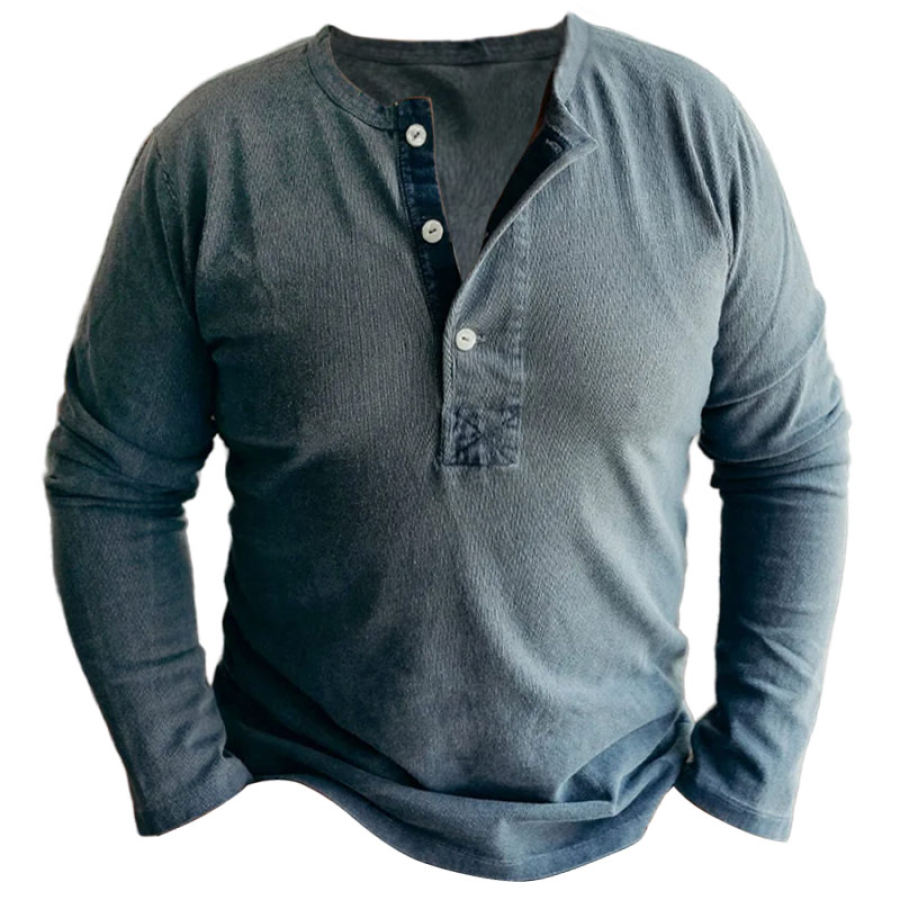 

T-shirt Vintage à Col Henley Pour Hommes Pull à Manches Longues En Coton Lavé