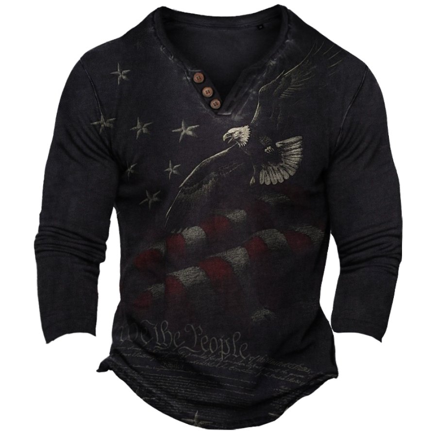 

We The People Men's Vintage Eagle Totem Ethnic Print Henley Collar Long Sleeve T-Shirt