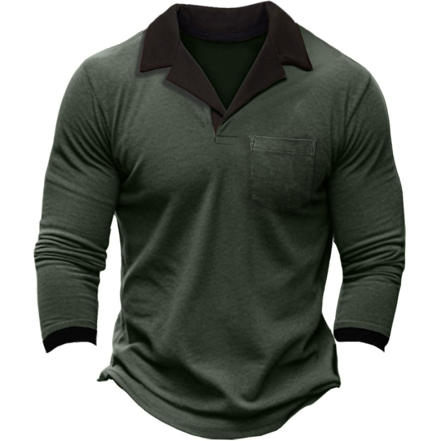 

Herren-Langarm-T-Shirt Im Vintage-Stil Mit Taschenrevers Und Farbblock