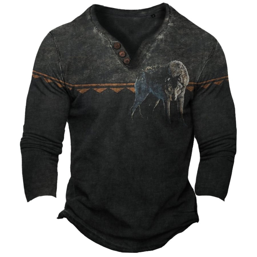 

Herren-Langarm-T-Shirt Mit Vintage-Wolf-Totem-Ethno-Print Und Henley-Kragen