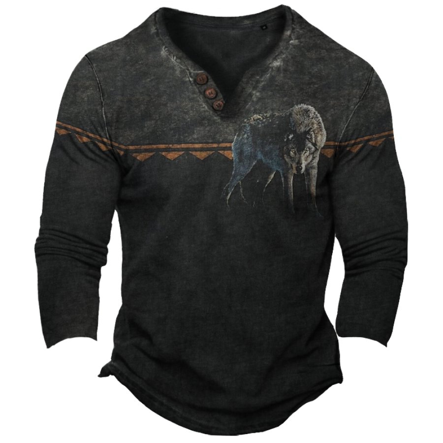 

T-shirt à Manches Longues à Col Henley Et Imprimé Ethnique Vintage Wolf Totem Pour Hommes