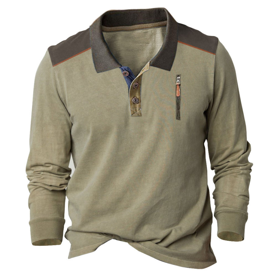 

T-Shirt Homme Col Polo Poche Zippée Manches Longues Vintage Extérieur Bloc De Couleur Quotidien Hauts