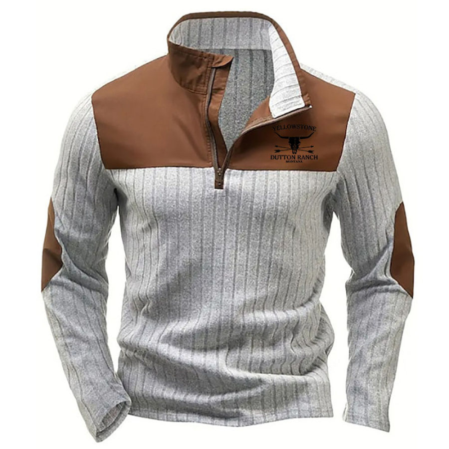 

Camiseta Para Hombre Cuello Alto Con Cremallera De Un Cuarto Estampado Yellowstone Manga Larga Vintage Parche En El Codo Para Exteriores Bloques De Color Tops Diarios