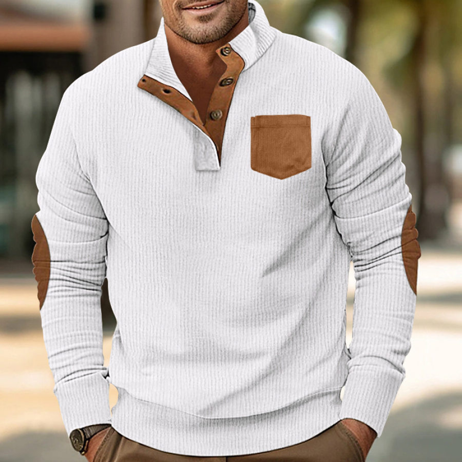 

Herren-Sweatshirt Mit Henley-Stehkragen Cord Outdoor Lässig Retro-Patchwork-Sweatshirt