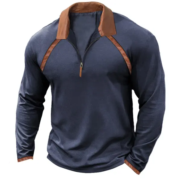 Men's T-Shirt Zipper Polo Patchwork Leather Long Sleeve Vintage Outdoor Color Block Daily Tops - Cotosen.com