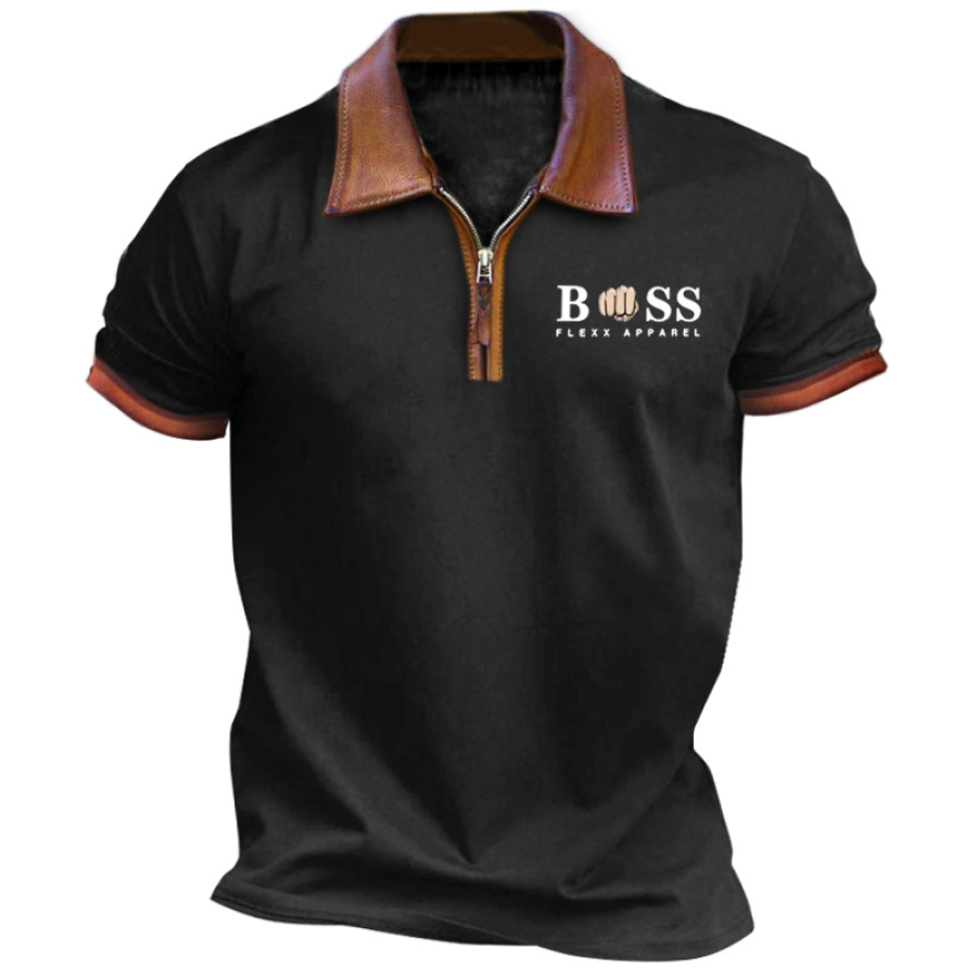 

Men's Boss 1/4 Zip Leather Lapel Polo Casual Short Sleeve T-Shirt