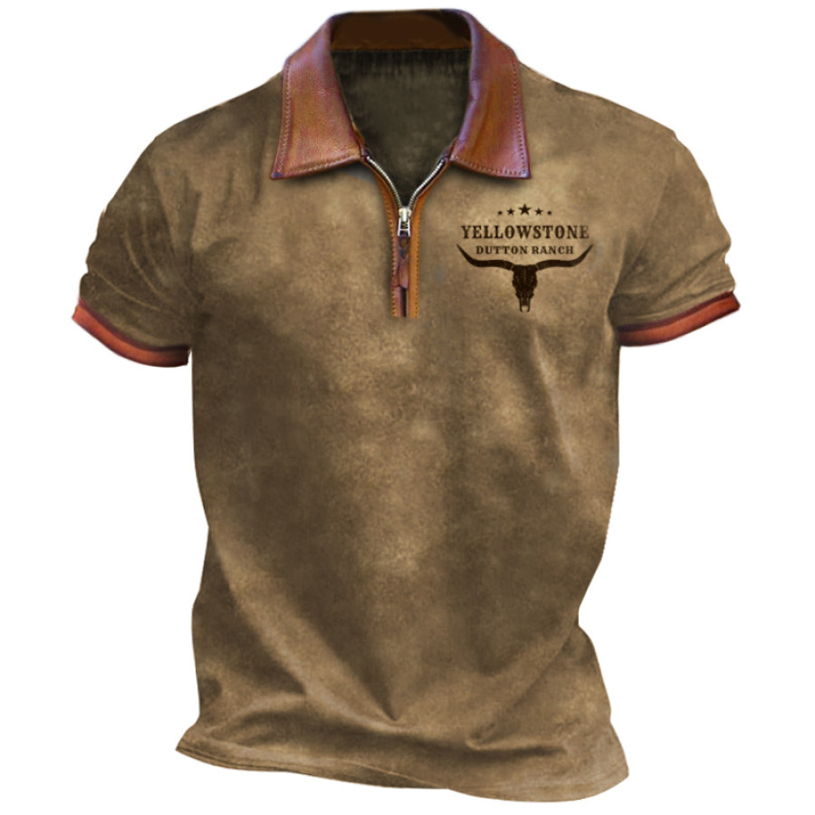 

T-shirt Vintage à Manches Courtes Et Revers En Cuir Avec Fermeture éclair 1/4 Yellowstone Pour Hommes