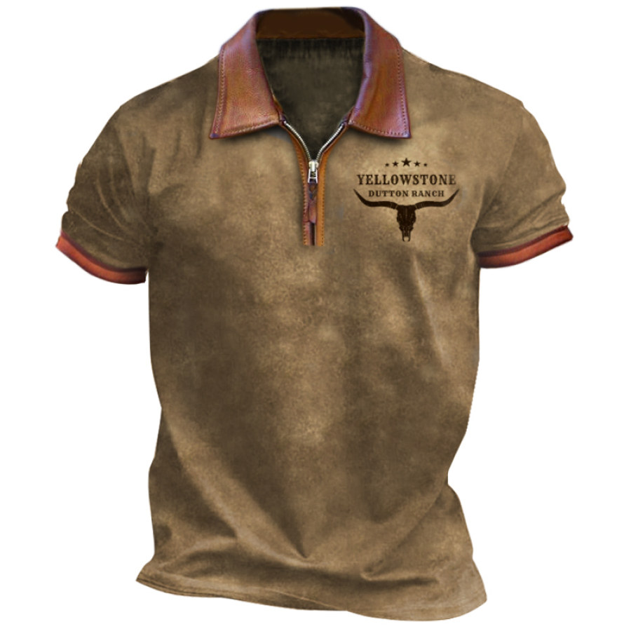 

Camiseta De Manga Corta Con Solapa De Cuero Y Cremallera 1/4 Vintage Yellowstone Para Hombre