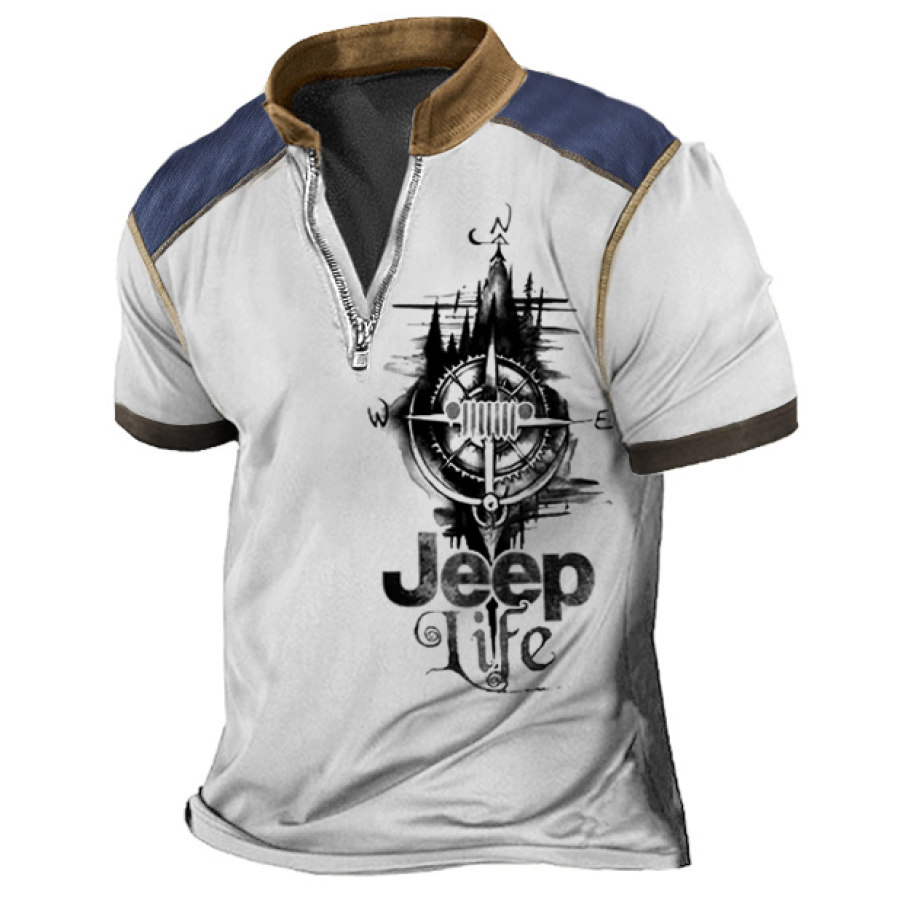 

Camiseta Para Hombre Cuello Alto Cremallera Jeep Compass Vintage Al Aire Libre Contraste Color Manga Corta Tops Diarios De Verano