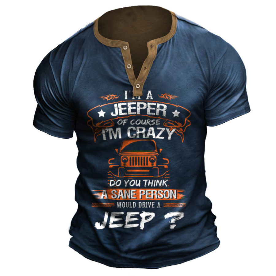 

T-shirt Pour Hommes Henley Vintage Jeep Funny Print Manches Courtes Couleur Contrastée Tops Quotidiens