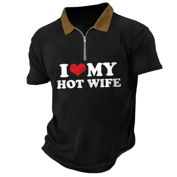 Men's T-Shirt Polo Zipper I Love My Hot Wife Valentine's Day Short Sleeve Summer Daily Tops - Cotosen.com