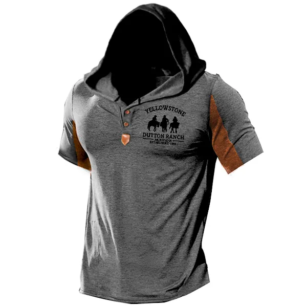 Men's Vintage Yellowstone Hooded Casual Short Sleeve T-Shirt - Cotosen.com