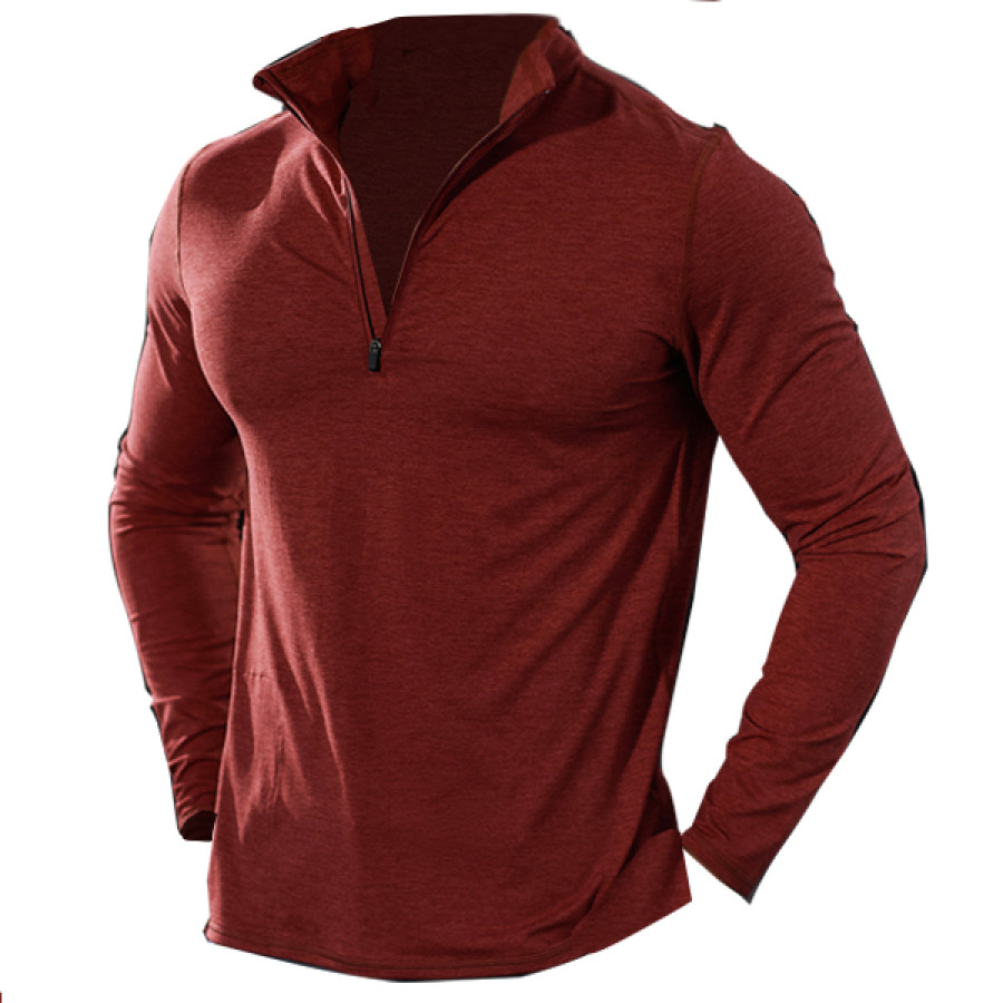 

Men's Half Zip With Side Pocket 1/4 Stand Collar Casual Long Sleeve T-shirt