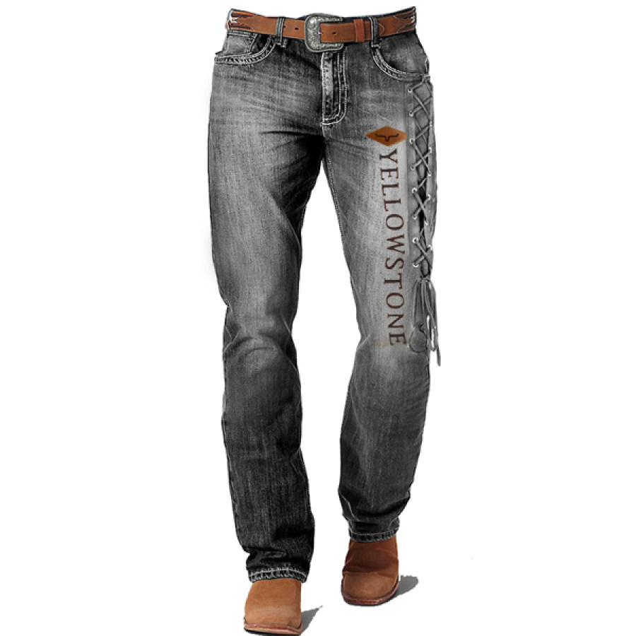 

Pantalones Rectos Casuales Con Cordón Para Hombre Pantalones De Bolsillo Con Cremallera De Algodón Lavado Yellowstone Vintage Al Aire Libre