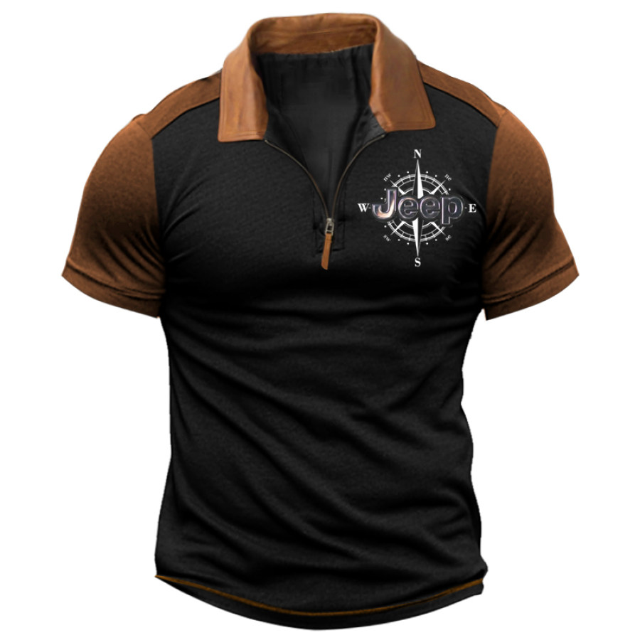 

Herren Jeep Farbblock-Reißverschluss-Leder-Revers-Casual-Kurzarm-T-Shirt