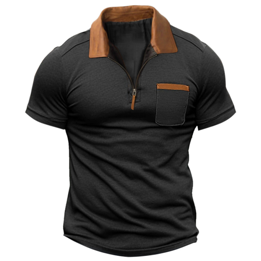 

Herren-Kurzarm-T-Shirt Mit 1/4-Reißverschluss Und Lässigem Lederrevers In Colorblock-Optik
